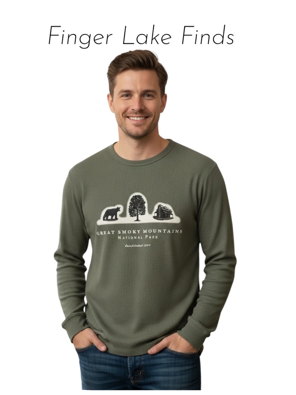 Great Smoky Mountains Olive Green Thermal Long Sleeve Tee, M